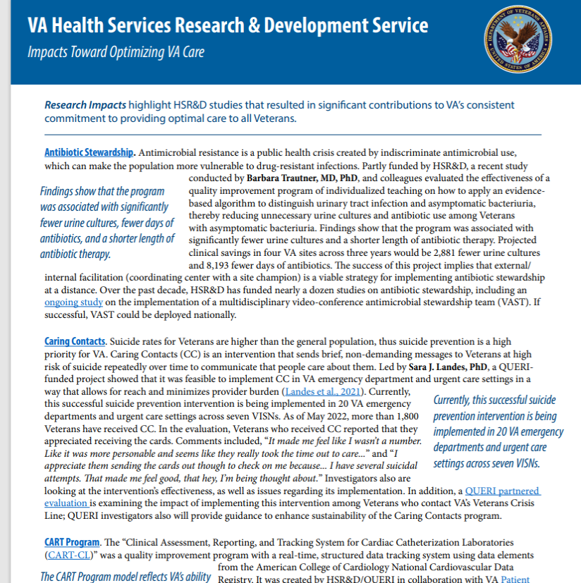 vahsrd's tweet photo. The ultimate goal of our research is to effect change in a patient, policy, or process. Want to know how VA health services research has done that? Check out a summary of our research impacts!
https://t.co/PJ0rz2Gvr9 https://t.co/FytLSRRf9b