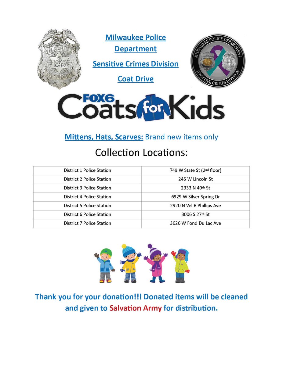 MilwaukeePolice's tweet photo. #MKEPD #Fox6 #CoatDrive #Coats4Kids Donations are being accepted at every district! https://t.co/HINAAudert