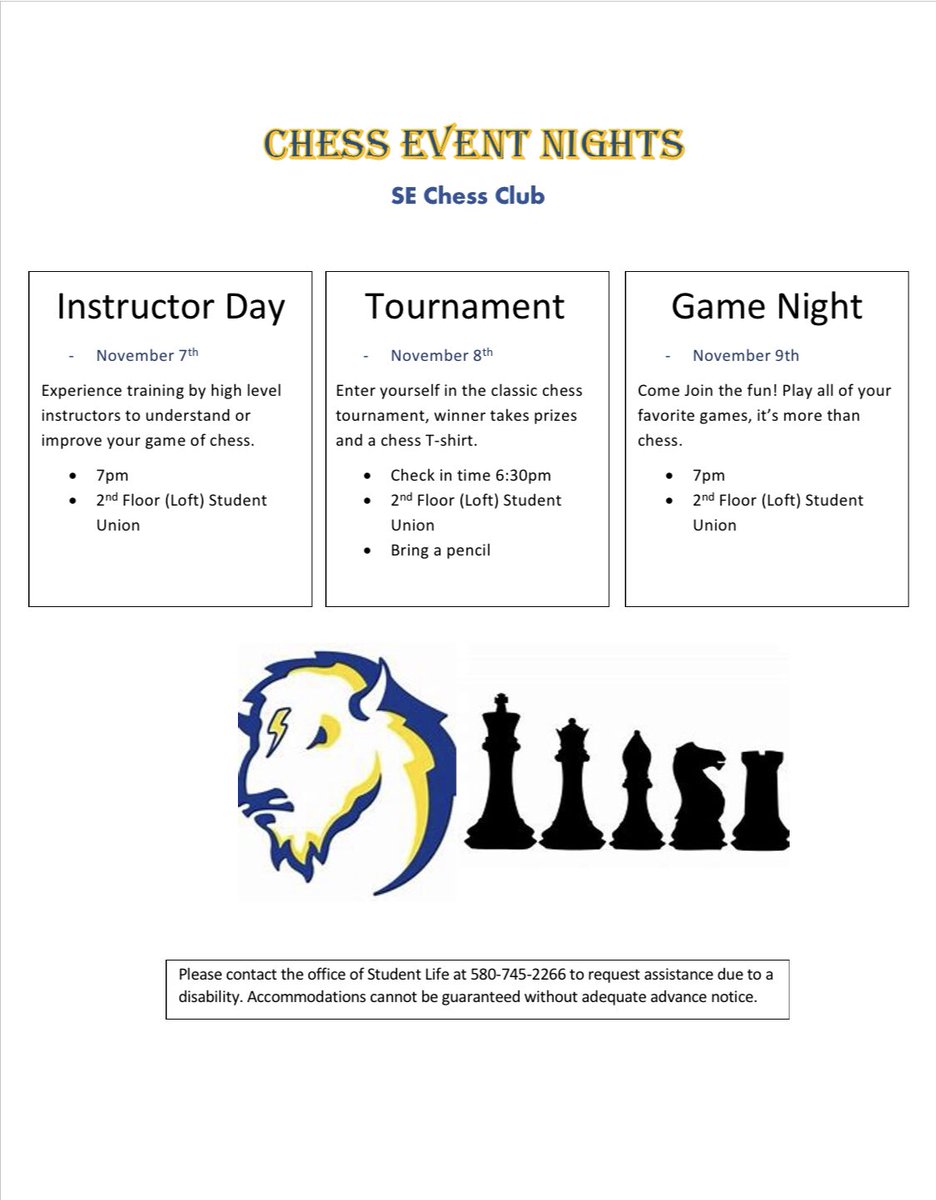 CHESS TOURNAMENT!! Today (10/8) in the Student Union (loft) at 6:30pm. Winner gets a gift basket and a Chess Tournament T-shirt!
FREE Entry!👑♟