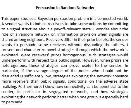 TiUEconomics's tweet photo. Melika Liporace will lead tomorrow's #Wednesdayworkshop. She will present her paper "Persuasion in Random Networks" https://t.co/ql5FT27ZSJ #Bayesian #persuasionproblem #payoffrelevant #informationprovision #homogenous #connectivity #research #economics https://t.co/1rEimoLszo