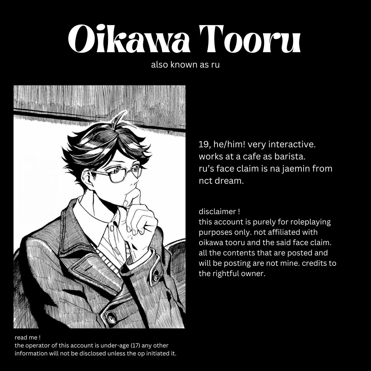 ㅤ

             及川瑠偉徹 : oikawa tooru 
            barista au! he ╱him ( #hqrp )
         like or retweet to be mutuals! ⠀⠀⠀

ㅤ
