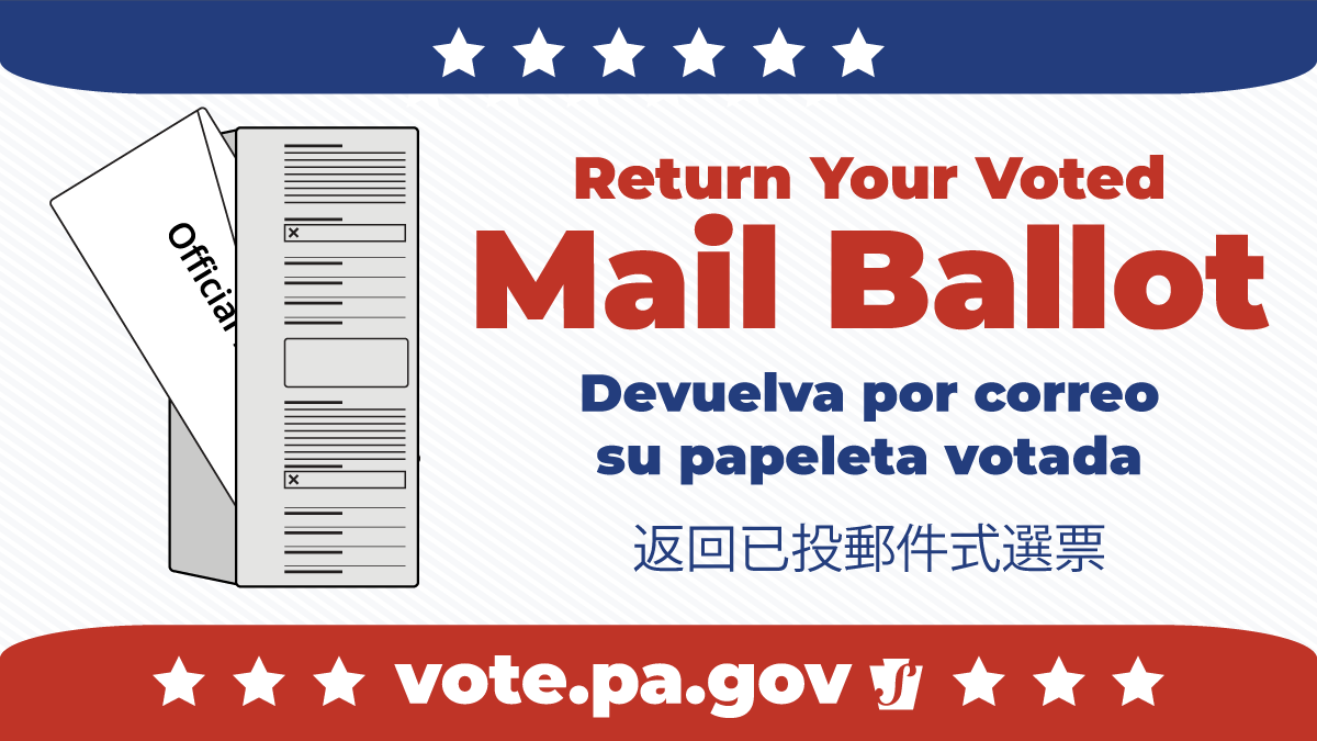 PAStateDept's tweet photo. Mail ballots must be RECEIVED by your county board of elections by 8 p.m. TODAY. Postmarks do not count. Find your county board of elections' designated locations, not your polling place, to hand deliver your voted ballot at https://t.co/XyY1GFVGQg https://t.co/JVJa0dcsWW