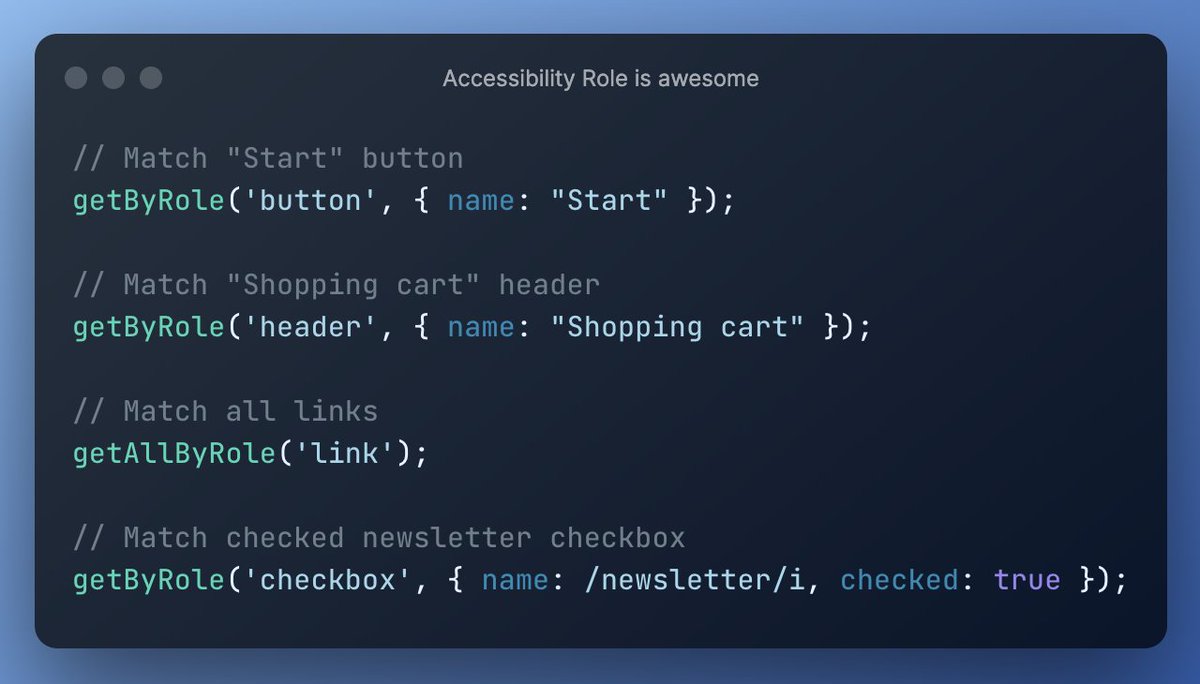 RNTL allows you to query element by role using *byRole queries. You can narrow the query using options like: name (text content or label), states (checked, disabled, expanded, selected, busy), and more...