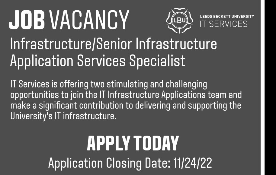 Beckett_IT's tweet photo. 📢Job Vacancy - Infrastructure/Senior Infrastructure Application Services Specialist

IT Services is offering two opportunities to join the IT Infrastructure Applications team. Learn more and apply here: https://t.co/S6VVIA6rEX

Please DM us with any questions.
#Leeds #LeedsJobs https://t.co/y5ldSgP4Av