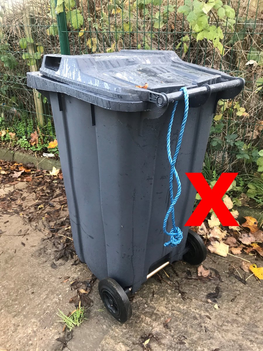 For the safety of our crews please don't tie anything to your bin, this can get caught on the lifting mechanism. If you need to secure a bin please ensure the rope/string is tied to the fixing point not the bin. Bins need to be accessible and unhindered at all times. Thank you.