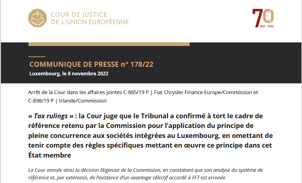 Rescrits fiscaux et aides d'Etat  :la <a href="/CourUEPresse/">Cour de justice UE</a>  annule l’arrêt rendu par le Tribunal le 24 septembre 2019 dans l’affaire Luxembourg et Fiat Chrysler Finance Europe/Commission (affaires jointes T-755/15 et T-759/15) ainsi que la décision de la Commission du 21 octobre 2015