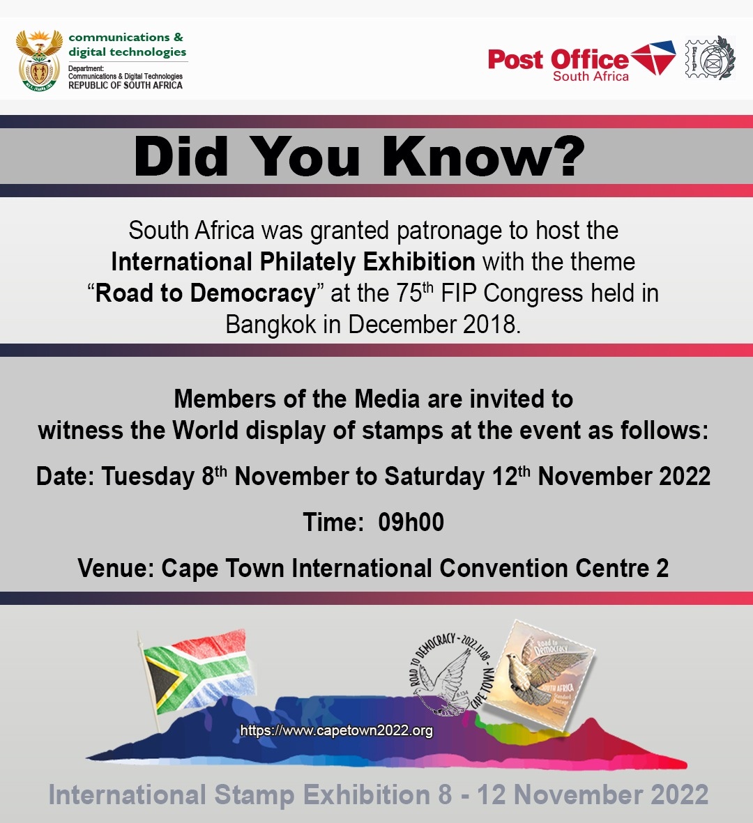 pfsastamps's tweet photo. In conjunction with the Deparment of Commincations and Digital Technology.

The Cape Town International Stamp Exhibition OPEN TODAY.

FREE for the public. https://t.co/6CNBg8y8KK