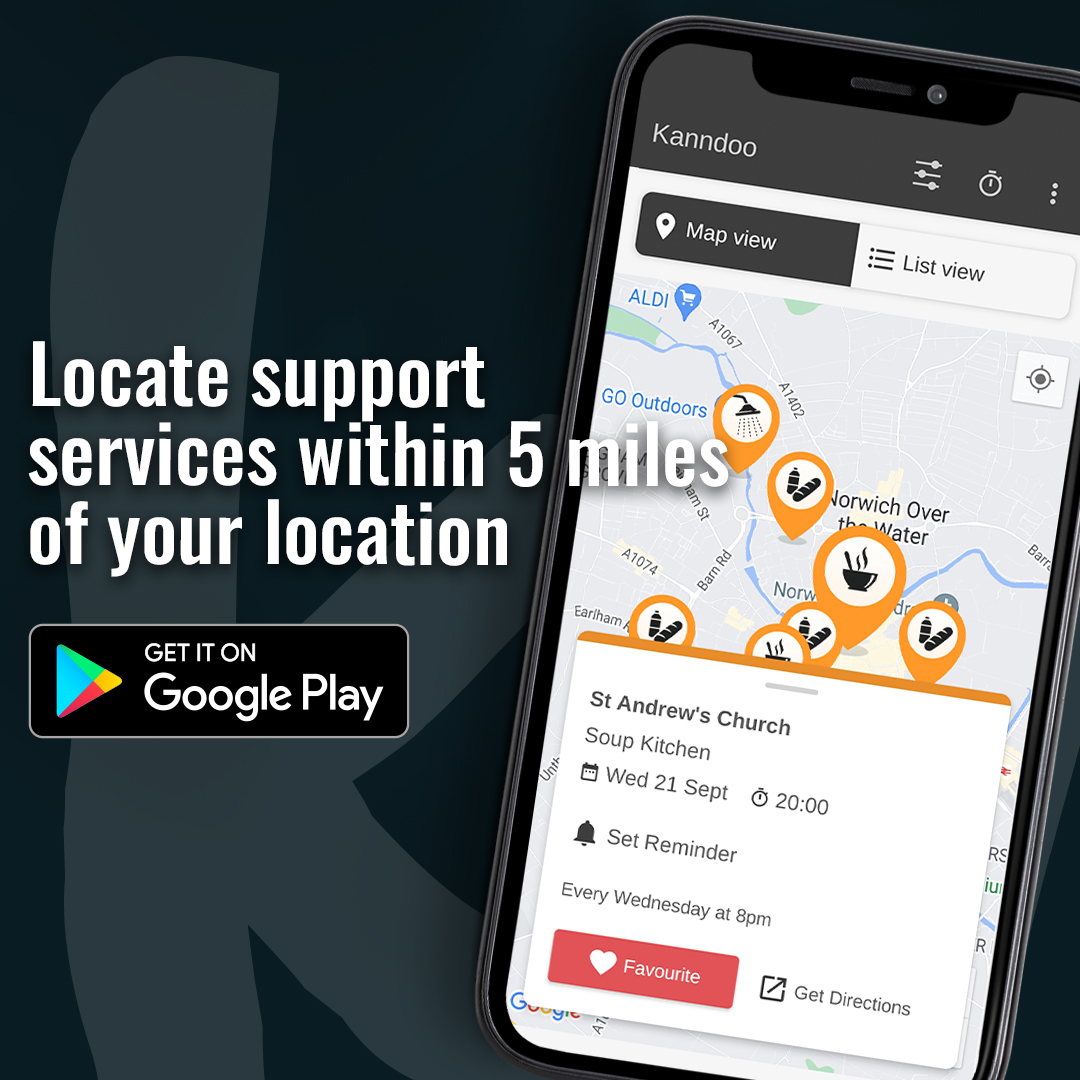 kanndoo_org's tweet photo. Use the Kanndoo app to locate #homelessness and #poverty support services in #Norwich and #GreatYarmouth.

Download now: https://t.co/2eDcw5fLi4 https://t.co/3JD5cFaClO