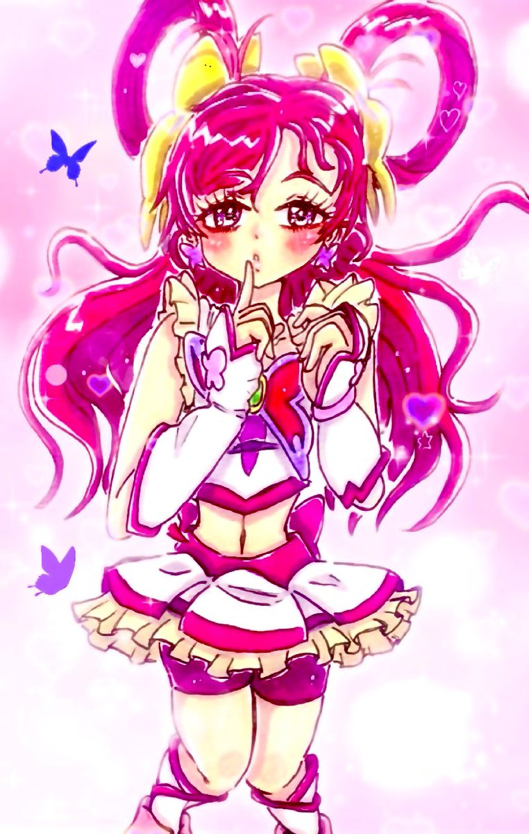 yumehara nozomi 1girl solo hair rings butterfly brooch pink hair magical girl long hair  illustration images