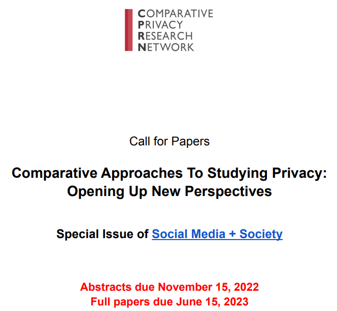 Christoph Lutz (@lutzid) on Twitter photo One week left to submit your abstracts (max 800 words) for the special issue on comparative #privacy in <a href="/SocialMedia_Soc/">Social Media+Society</a>! Send us your best work: tiny.cc/CASP2024 The full call: journals.sagepub.com/pb-assets/cmsc… @MasurPhil <a href="/Think_Macro/">Dima Epstein</a> <a href="/_kquinn_/">kelly quinn, phd</a> <a href="/lbaruh/">LemiBaruh ➡️ @lemibaruh@mastodon.social</a> <a href="/CarstenWilhelm/">C.Wilhelm</a> One week left to submit your abstracts (max 800 words) for the special issue on comparative #privacy in <a href="/SocialMedia_Soc/">Social Media+Society</a>! Send us your best work: tiny.cc/CASP2024 The full call: journals.sagepub.com/pb-assets/cmsc… @MasurPhil <a href="/Think_Macro/">Dima Epstein</a> <a href="/_kquinn_/">kelly quinn, phd</a> <a href="/lbaruh/">LemiBaruh ➡️ @lemibaruh@mastodon.social</a> <a href="/CarstenWilhelm/">C.Wilhelm</a>