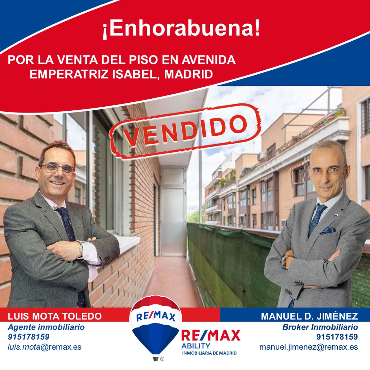 REMAXability's tweet photo. Damos la #ENHORABUENA👏👏 a nuestro Agente Luis Mota Toledo y al Bróker Manuel D. Jiménez por la #VENTA del piso en Avd. Emperatriz Isabel, Madrid.
#Excelente trabajo, clientes satisfechos.👨👩👧👦
✅¡𝗩𝗘𝗡𝗗𝗘𝗠𝗢𝗦 𝗧𝗨 𝗖𝗔𝗦𝗔! Llámanos 91 517 81 59
#remaxability https://t.co/jpUM7DoN7I