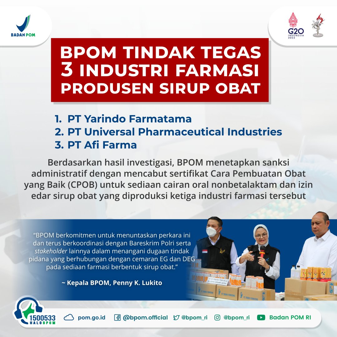 BPOM_RI's tweet photo. #SahabatBPOM, Berikut daftar produk dari PT Yarindo Farmatama, PT Universal Pharmaceutical Industries, dan PT Afi Farma yang dicabut nomor izin edarnya oleh BPOM.

Berdasarkan hasil investigasi dan intensifikasi pengawasan BPOM melalui inspeksi, perluasan sampling, https://t.co/J6RDZDvfaL