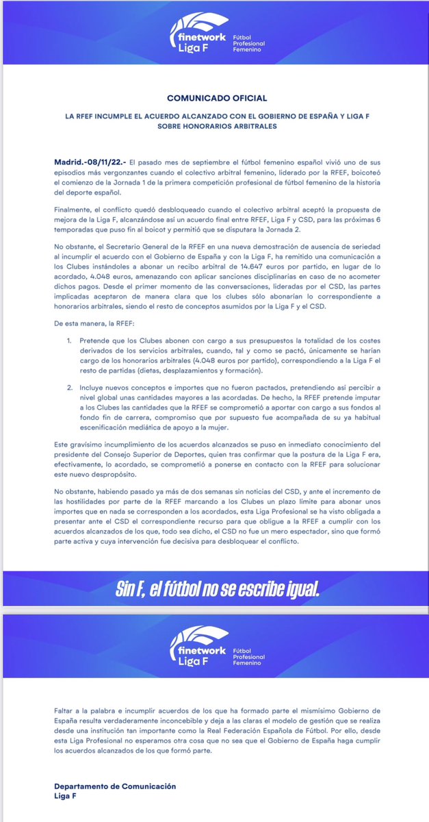 LigaF_oficial's tweet photo. ᴄᴏᴍᴜɴɪᴄᴀᴅᴏ ᴏꜰɪᴄɪᴀʟ

La Liga F insta al Gobierno @conJoseMFranco y @miqueliceta a hacer cumplir el acuerdo en el que intervino para solucionar el conflicto arbitral generado por la RFEF. 

#FutbolFemenino #LigaF https://t.co/T9GqrUXfDH