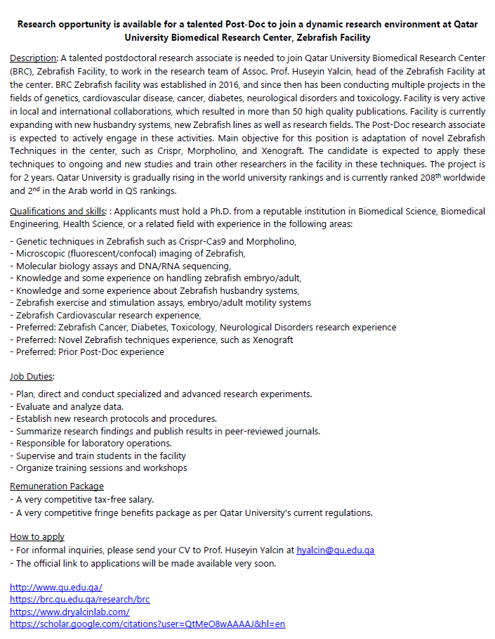 YalcinLab's tweet photo. Postdoc position is available at @QatarUniversity Biomedical Research Center @QU_BRC Zebrafish Facility. Please send your CV if interested to hyalcin@qu.edu.qa https://t.co/1dors9W1i4