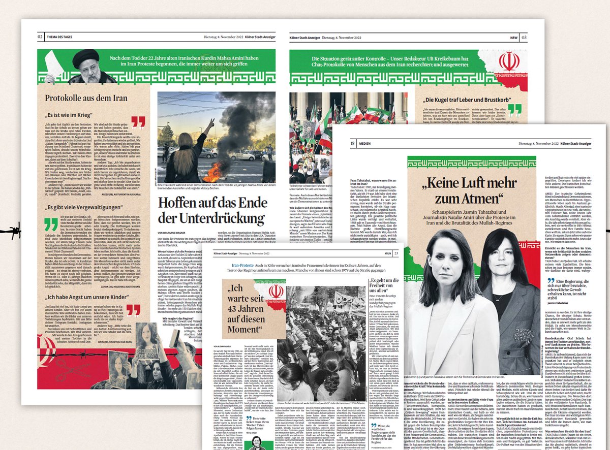 Sarah Brasack (@sarah_brasack) on Twitter photo Heute ist der <a href="/KSTA/">Kölner Stadt-Anzeiger</a> den Protestierenden im Iran gewidmet. Unser von Herzen kommendes Zeichen der Solidarität: Wir sehen euch, wir vergessen euch nicht, wir lassen euch nicht allein! #iran #IranProtests #IranProtests2022 #IranRevolution <a href="/NatalieAmiri/">Natalie Amiri</a> <a href="/jazmatab/">Jasmin Tabatabai</a> <a href="/isabelschayani/">Isabel Schayani</a> Heute ist der <a href="/KSTA/">Kölner Stadt-Anzeiger</a> den Protestierenden im Iran gewidmet. Unser von Herzen kommendes Zeichen der Solidarität: Wir sehen euch, wir vergessen euch nicht, wir lassen euch nicht allein! #iran #IranProtests #IranProtests2022 #IranRevolution <a href="/NatalieAmiri/">Natalie Amiri</a> <a href="/jazmatab/">Jasmin Tabatabai</a> <a href="/isabelschayani/">Isabel Schayani</a>
