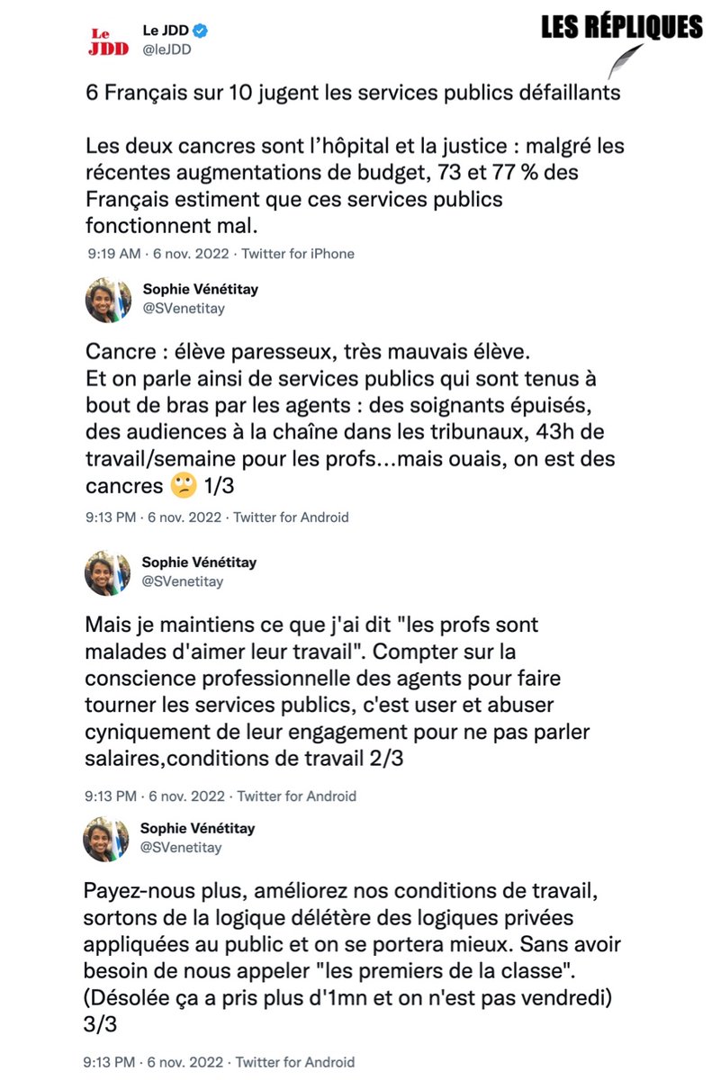 Les Répliques (@les_repliques) on Twitter photo Selon un sondage Ifop 61 %, des français considèrent que les services publics fonctionnent "mal ". L’hôpital et la justice sont "les deux cancres" selon le JDD
<a href="/SVenetitay/">Sophie Vénétitay</a> Selon un sondage Ifop 61 %, des français considèrent que les services publics fonctionnent "mal ". L’hôpital et la justice sont "les deux cancres" selon le JDD
<a href="/SVenetitay/">Sophie Vénétitay</a>