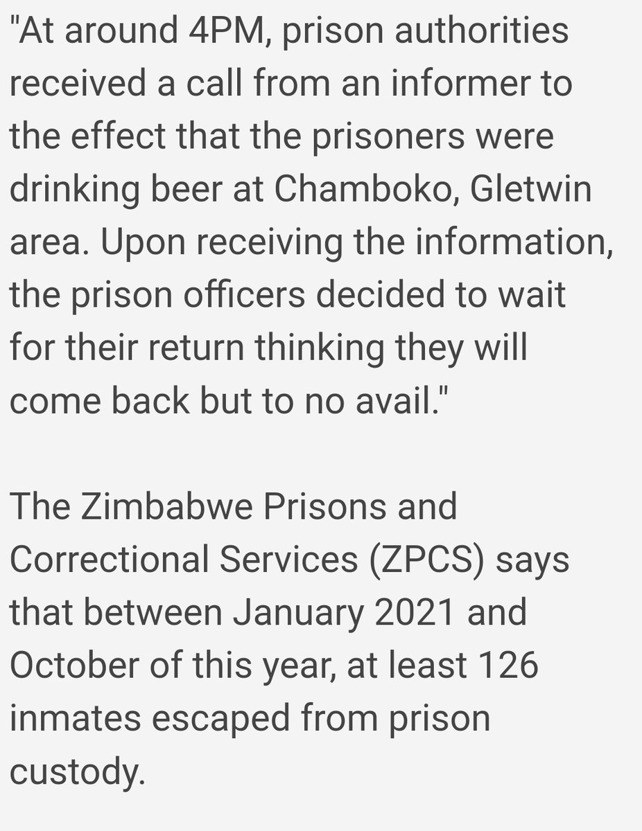 ThamuTawengwa's tweet image. #TriggerWords 
*The prison officers decided to wait for their return thinking they will come back*

 *Between January 2021 and October of this year, at least 126 inmates escaped from prison custody.*