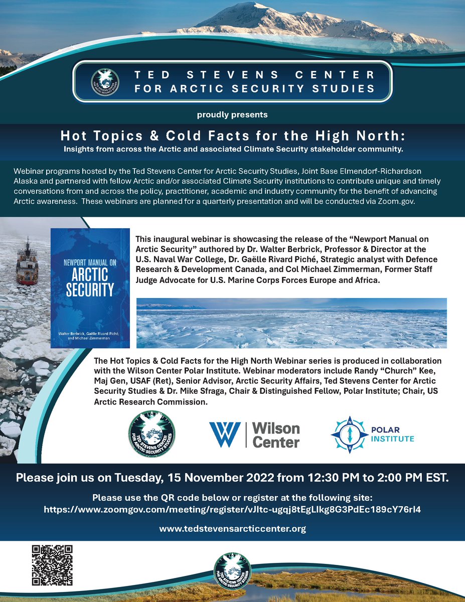 Hot Topics &amp; Cold Facts for the High North! Register for this webinar 15 Nov 1230 EST sponsored by Ted Stevens Center for #Arctic #SecurityStudies
<a href="/PolarInstitute/">Polar Institute</a> <a href="/TheWilsonCenter/">The Wilson Center</a> <a href="/walterberbrick/">Walter Berbrick</a> <a href="/GaelleRPiche/">Gaëlle Rivard Piché</a>