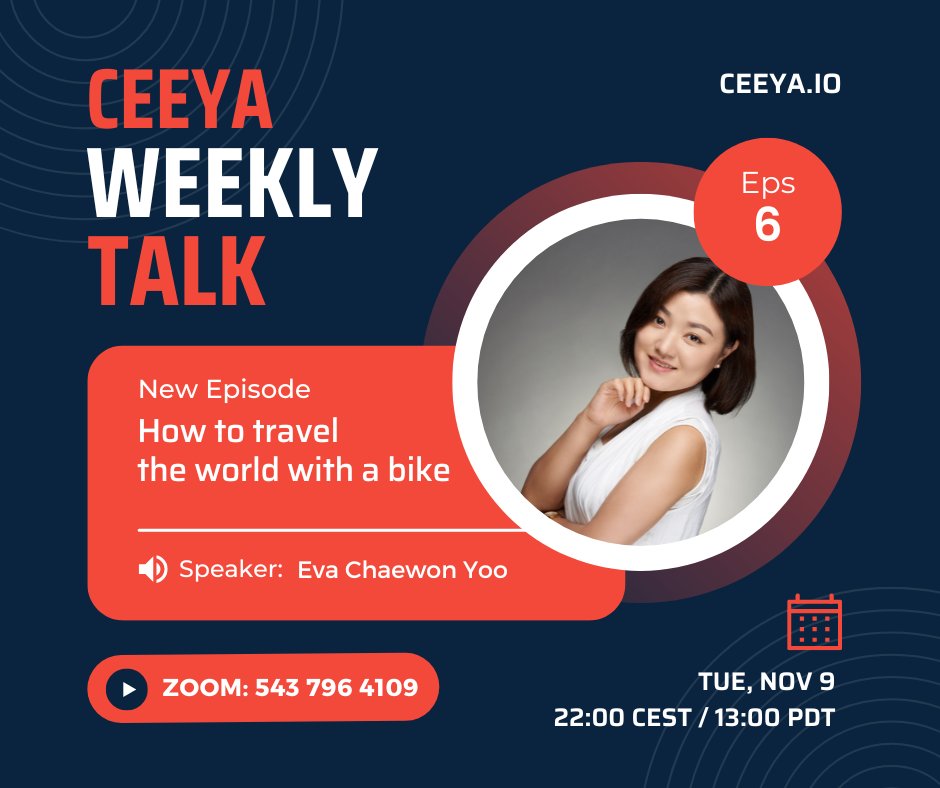 ceeyahello's tweet photo. Ceeya OnAir: “How to travel the world with a bike” by Eva Yoo ( 30m + Q&amp;A )
When: November 9th Wednesday 22:00 CEST / 13:00 PDT / 16:00 EDT
More info -
https://t.co/LxSU47Phee
https://t.co/XVim79r0Qk https://t.co/GS9Gj2yh8V