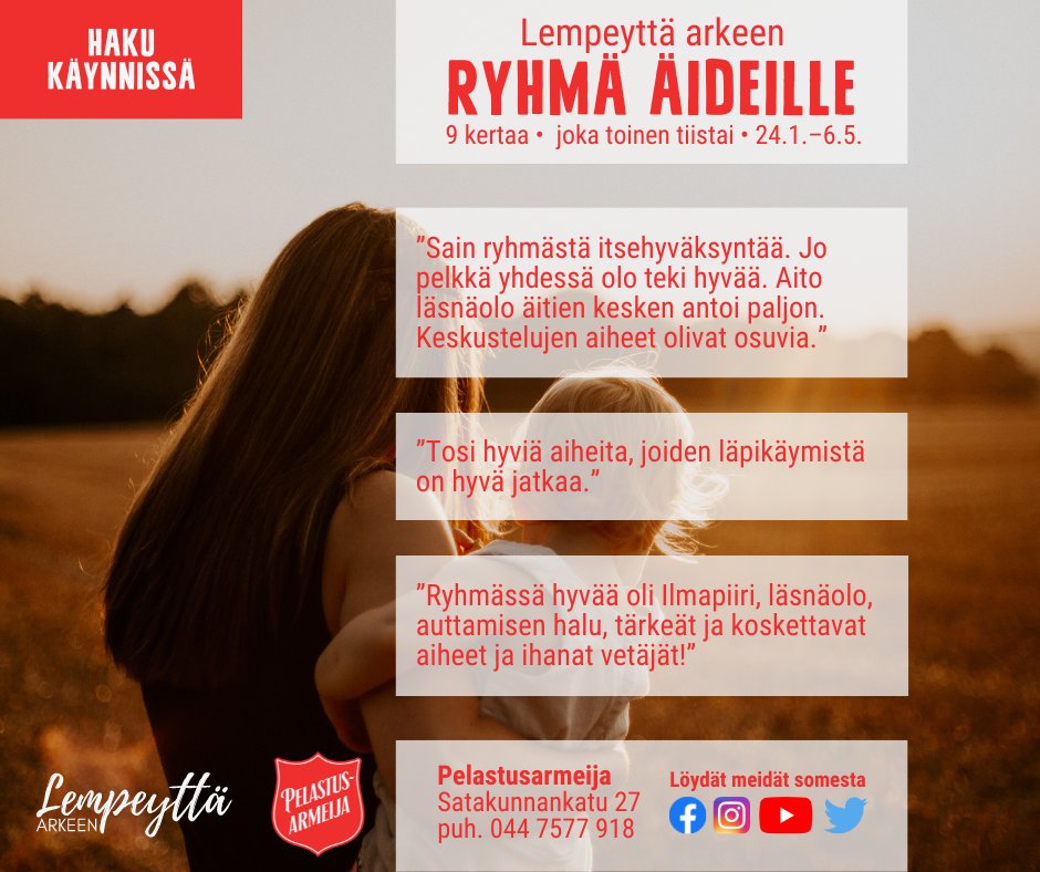 Tammikuussa alkaa pienryhmä kuormittavassa tilanteessa oleville äideille. Ryhmässä käsittelemme vertaistuellisesti omaan itseen, tunteisiin ja tarpeisiin liittyviä teemoja sekä etsimme voimavaroja parempaan arjessa jaksamiseen. 🌸 Lue lisää ja hae mukaan: pelastusarmeija.fi/paikkakunnat/t…