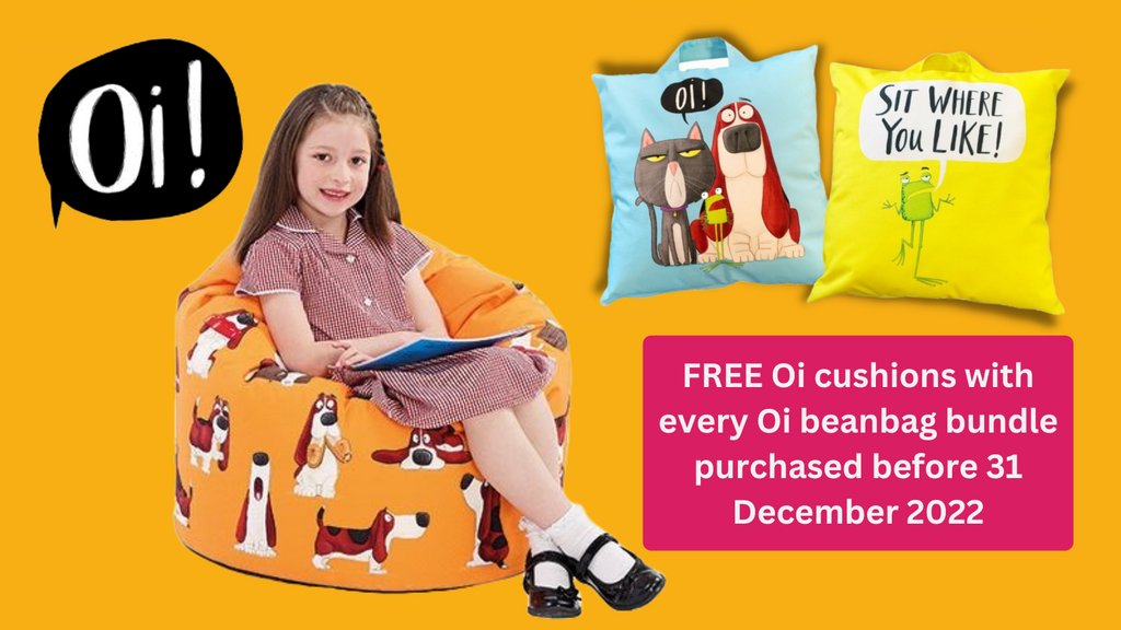 Kit out your reading corner with our bright &amp; colourful Oi-themed soft-seating, while stocks last!

Order a beanbag bundle before the end of the year &amp; get a free set of cushions too. Ideal for fans of the popular picture books by @_JimField &amp; Kes Gray. 

bit.ly/OiRange