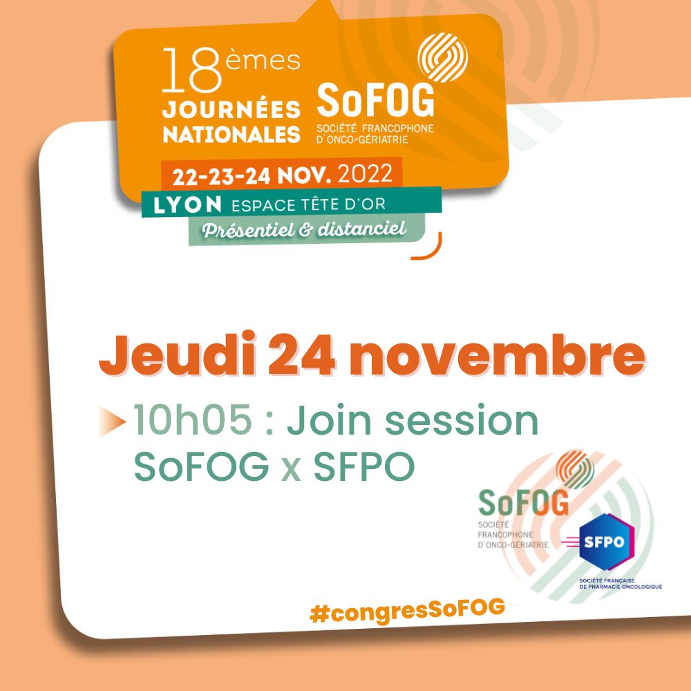 📣#CongresSoFOG

Dans une semaine, rejoignez-nous lors des 18e Journées Nationales de la SoFOG pour la Join Session avec la @SFPOofficiel à 10h05 :

▶️"Optimisation thérapeutique de la patiente âgée atteinte de cancer"

📩Pour vous inscrire au congrès : congressofog22.teamresa.net
