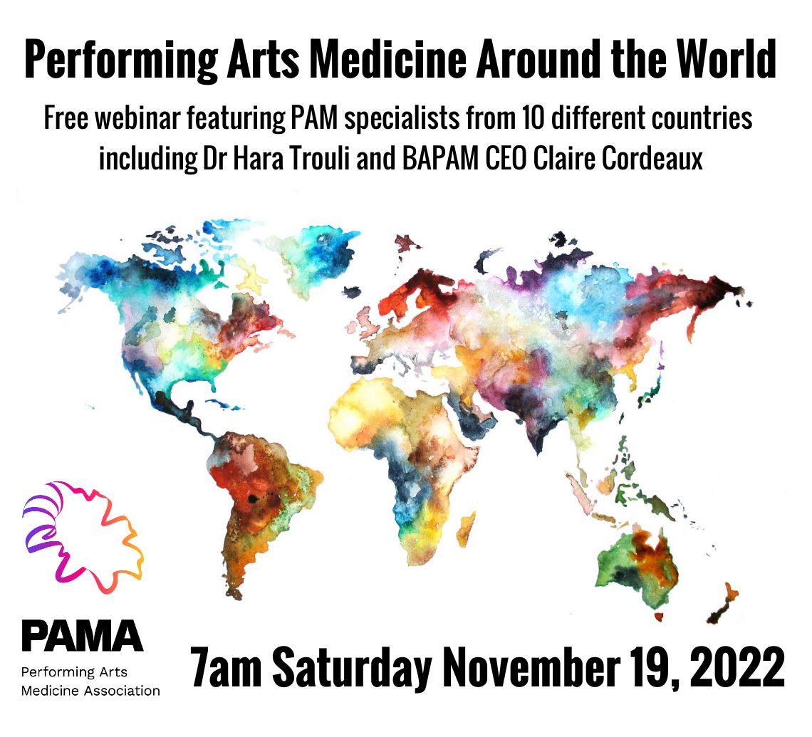 Nov 19, 7am BST (2am EST) >>> free <a href="/artsmed/">PAMA</a> webinar ft a panel of specialists in Performing Arts Medicine. Experts from around the world discuss the international development of PAM, educational and clinical opportunities, hopes for the future artsmed.org/events/pam-aro…