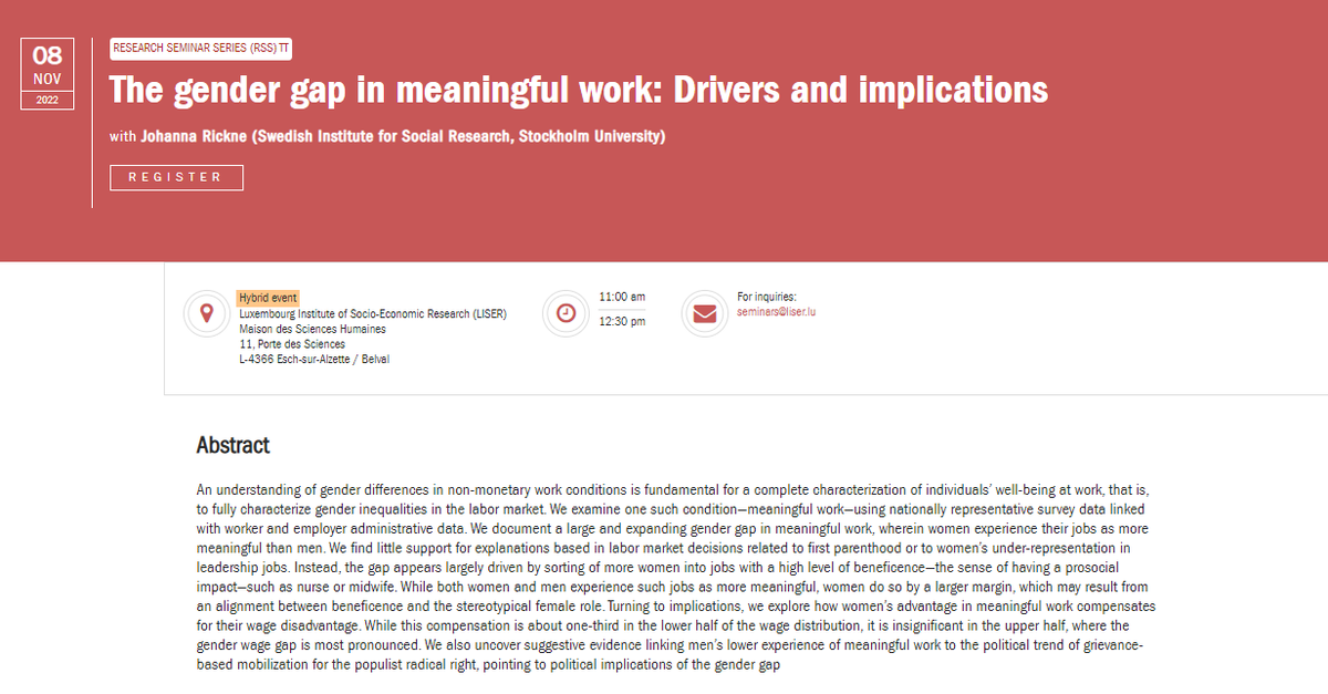 LISER_LM's tweet photo. 📢Join us today (Nov 8) for LISER's RSS Hybrid Seminar at 11h CET
🗣️@johannarickne of @SU_Economics will present "The #gendergap in meaningful work: Drivers and implications"
✉️seminars@liser.lu
🔎https://t.co/UcPg6j3MHp
#GenderEquality #GenderEcon https://t.co/zhgMB9qtIv