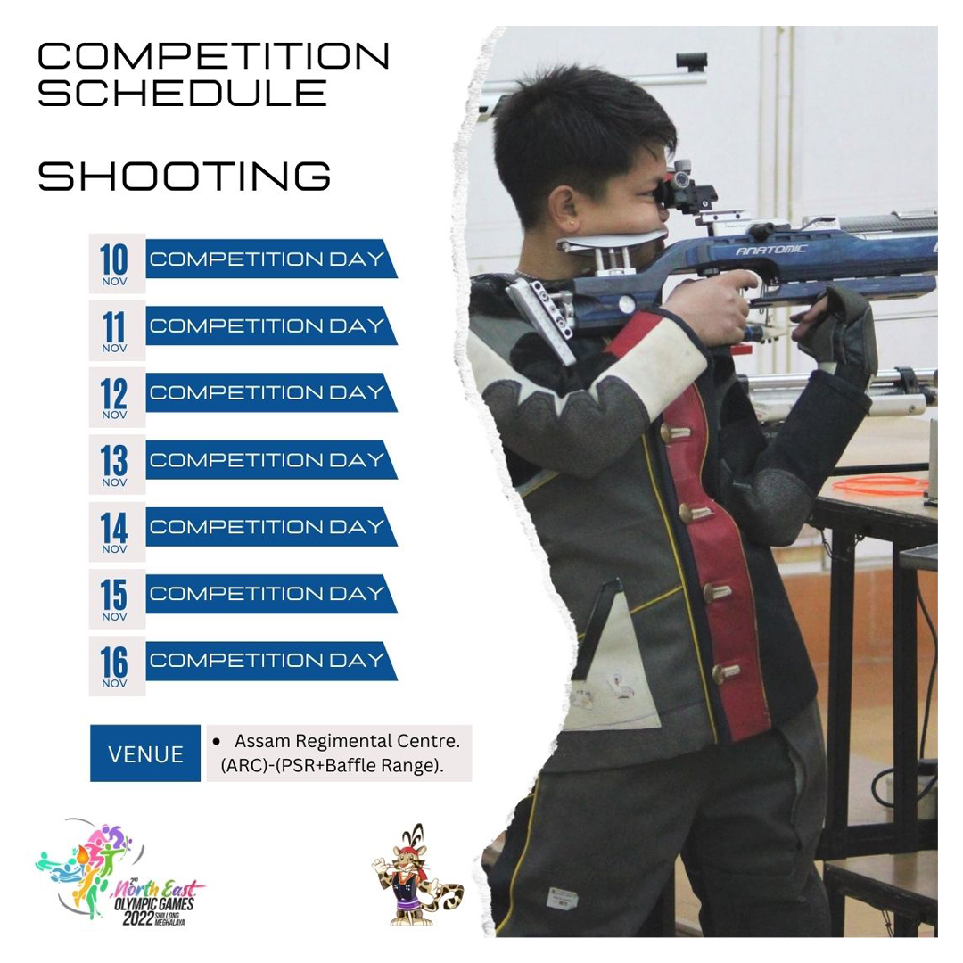 The 2nd North East Olympic Games will have seven days of shooting events at the Assam Regimental Centre. Ready, aim, fire!

#NorthEastOlympicGames2022 #neolygames #Assam #Meghalaya #Manipur #Sikkim #ArunachalPradesh #Tripura #Mizoram #Nagaland #Explore #Olympic #NEOG  #Shooting