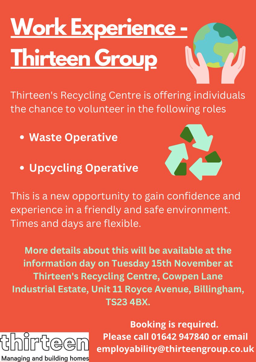 ✅ Interested in working at Thirteen?
✅ Looking to build your CV with work experience?

Thirteen's Recycling Centre have volunteering opportunities available.

Get in touch by sending us a DM, call 01642 947840 or email employability@thirteengroup.co.uk