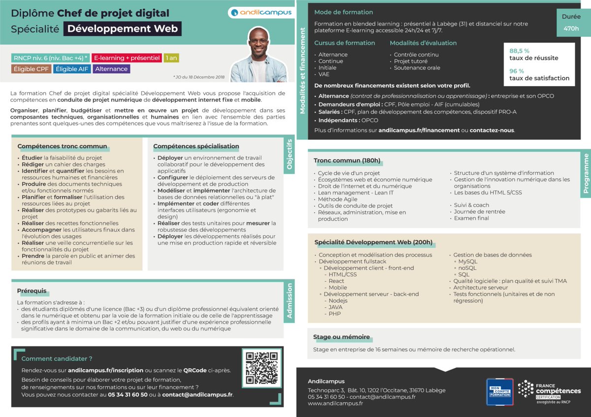 Andilcampus's tweet photo. Formations éq. Bac+4 :

🎓 Chef de projet #Communication/Développement/Acquisition de trafic
📅 Rentrée début 2023
📍 Présentiel &amp; distanciel

🎓 Bloc de compétences Expert en Acquisition de trafic web
📅 Rentrée quand vous voulez
📍 Distanciel

🔗 RDV sur https://t.co/x7RaAIJXe6 https://t.co/aIgrZH3XnR