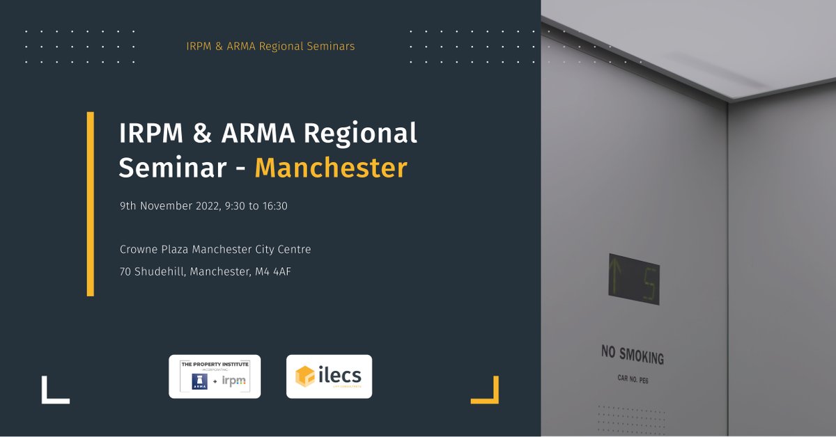 ILECSLimited's tweet photo. Tomorrow marks the final day of @ARMAleasehold and @IRPMONLINE regional seminars. Join us at our stand to discuss industry trends and developments, lift and property management queries, and find out how our expertise can benefit your business.

#ILECS #Manchester #ARMAIRPMReg22 https://t.co/WBWCKr5VbI