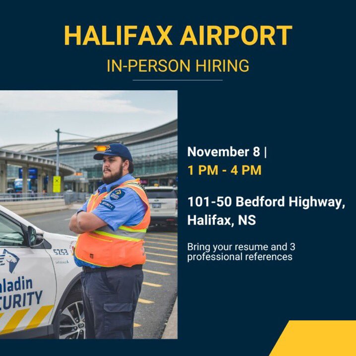 justintelie's tweet photo. Are you interested in a career the #Halifax International Airport? @PaladinSecurity is hosting an In Person Hiring Event today! #nsjob https://t.co/XaWJlexYsv