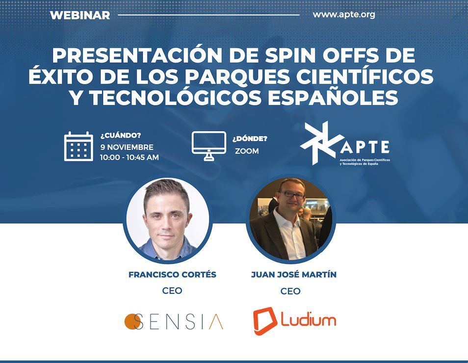 📣MAÑANA celebramos un #webinar en el que os presentaremos 2 casos de éxito de #spinoffs surgidas en la #universidad y apoyadas por sus #PCTs.

🗓️9/11⏰10:00
🔘@Ludiumlab <a href="/la_UPC/">Universitat Politècnica de Catalunya (UPC)</a> @ParcUPC
🔘<a href="/SENSIAsolutions/">SENSIA</a> <a href="/uc3m/">UC3M</a> <a href="/parqUC3M/">Parque Científico UC3M</a>

➡️apte.org/webinar-presen…

#LosParquesAportan