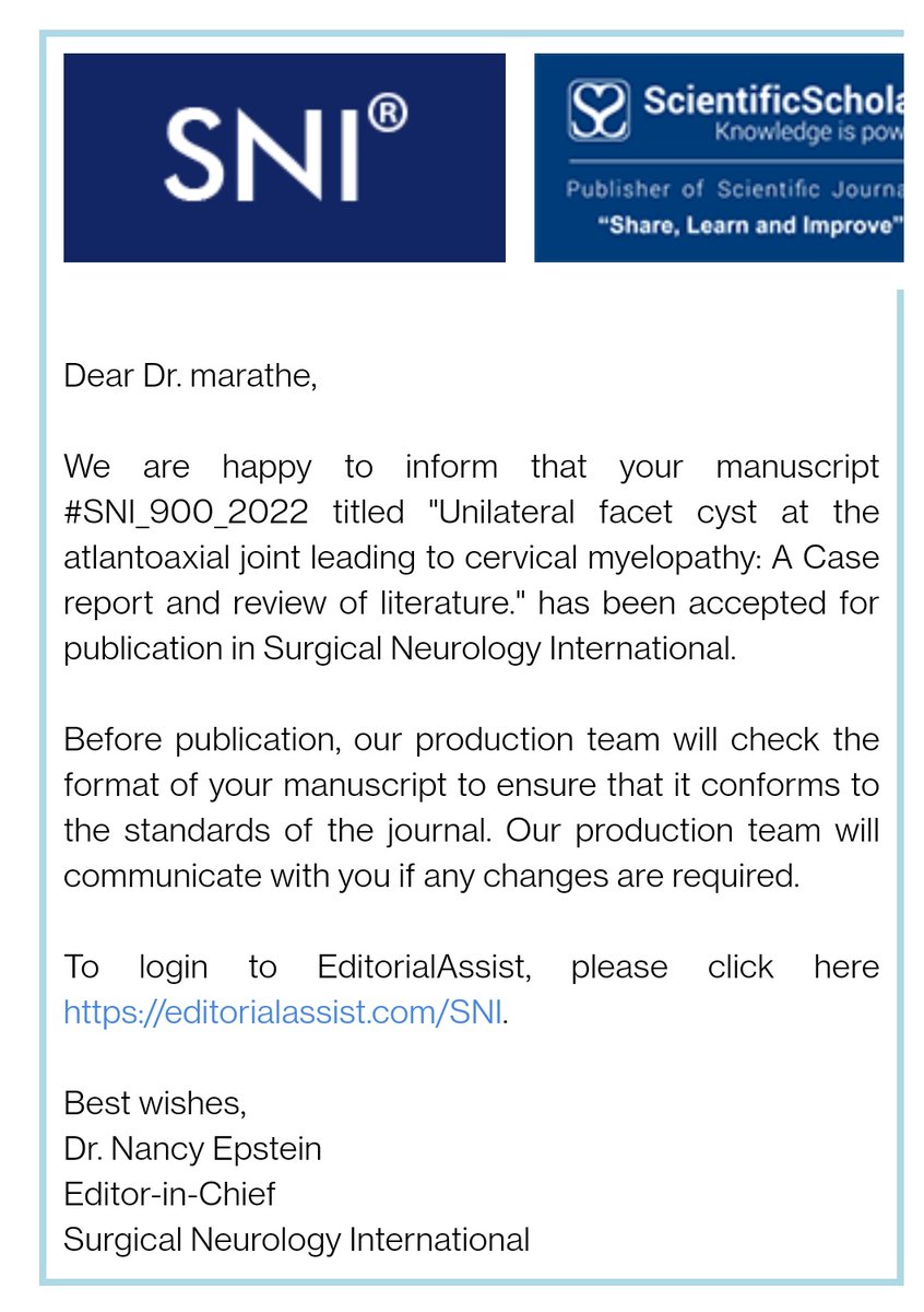 Published ✅ interesting case on CVJ facet cyst leading to myelopathy. This has been accepted for publication in SNI. 

#MedTwitter #research #myelopthy #Spine #neuroscience #Neurosurgery #orthotwitter
