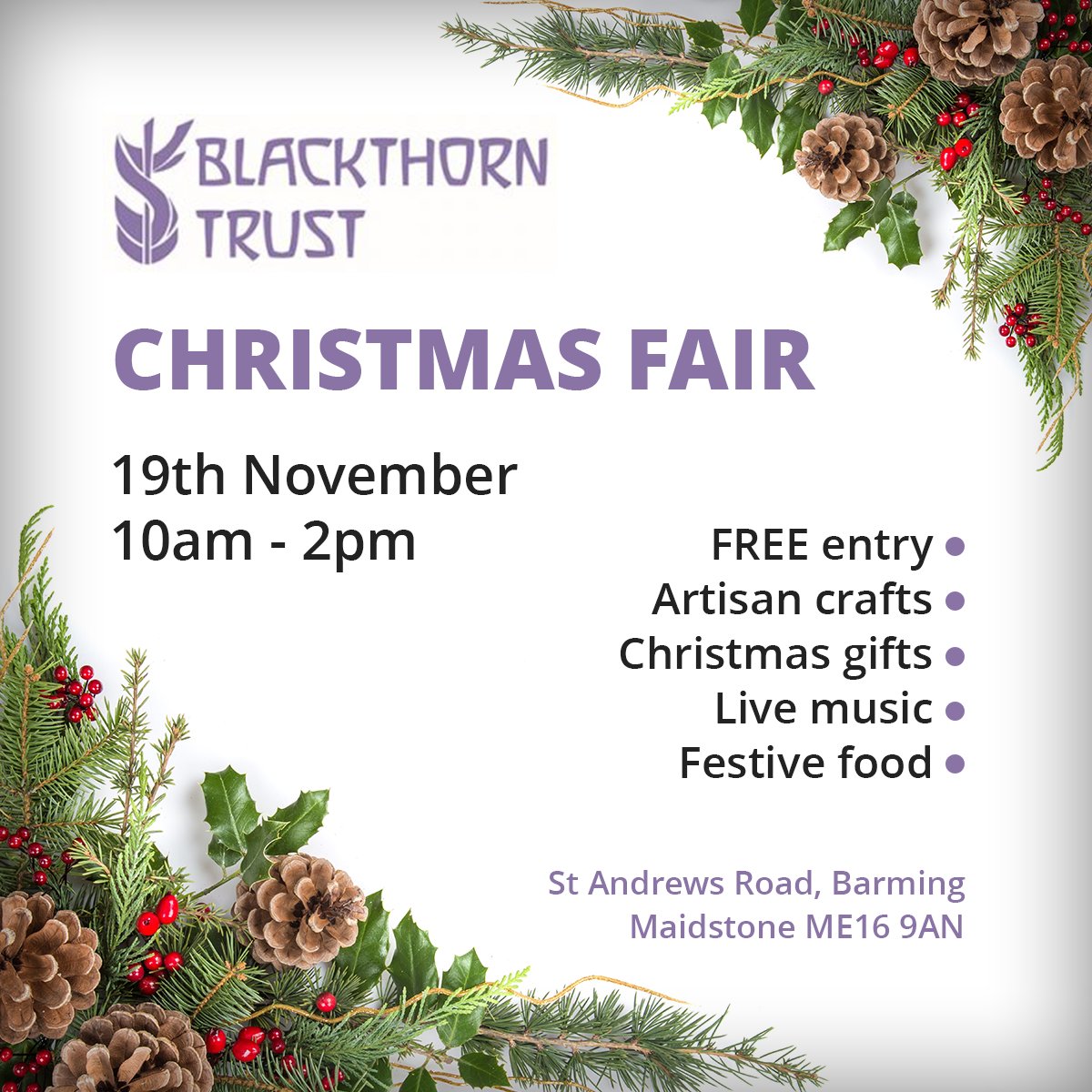 We love supporting local events in Maidstone. With Christmas around the corner, why not check out the annual Blackthorn Trust Christmas Fair!

Find out more on their Facebook Event page here: facebook.com/events/3384019…