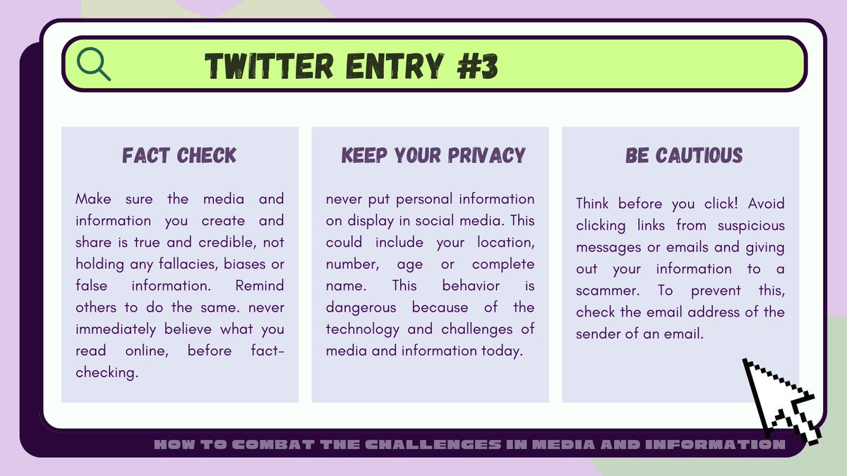 mech_eksyu's tweet photo. Share three (3) tips on how to combat the challenges in media and information.

#MILOppChaPow #CullenA #XUMIL2022 https://t.co/Cn0MifDtZG