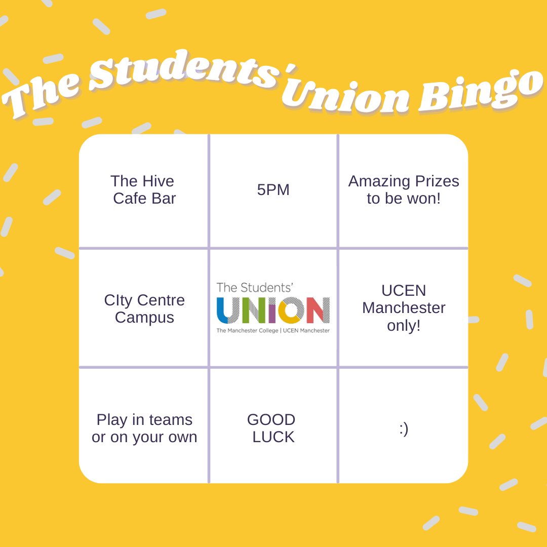 UCEN ONLY!!

Come and Join Us at 5pm on Wednesday for an amazing round of bingo! Great Prizes to be won!

Let me know if you're coming and what your excited for!!🎉