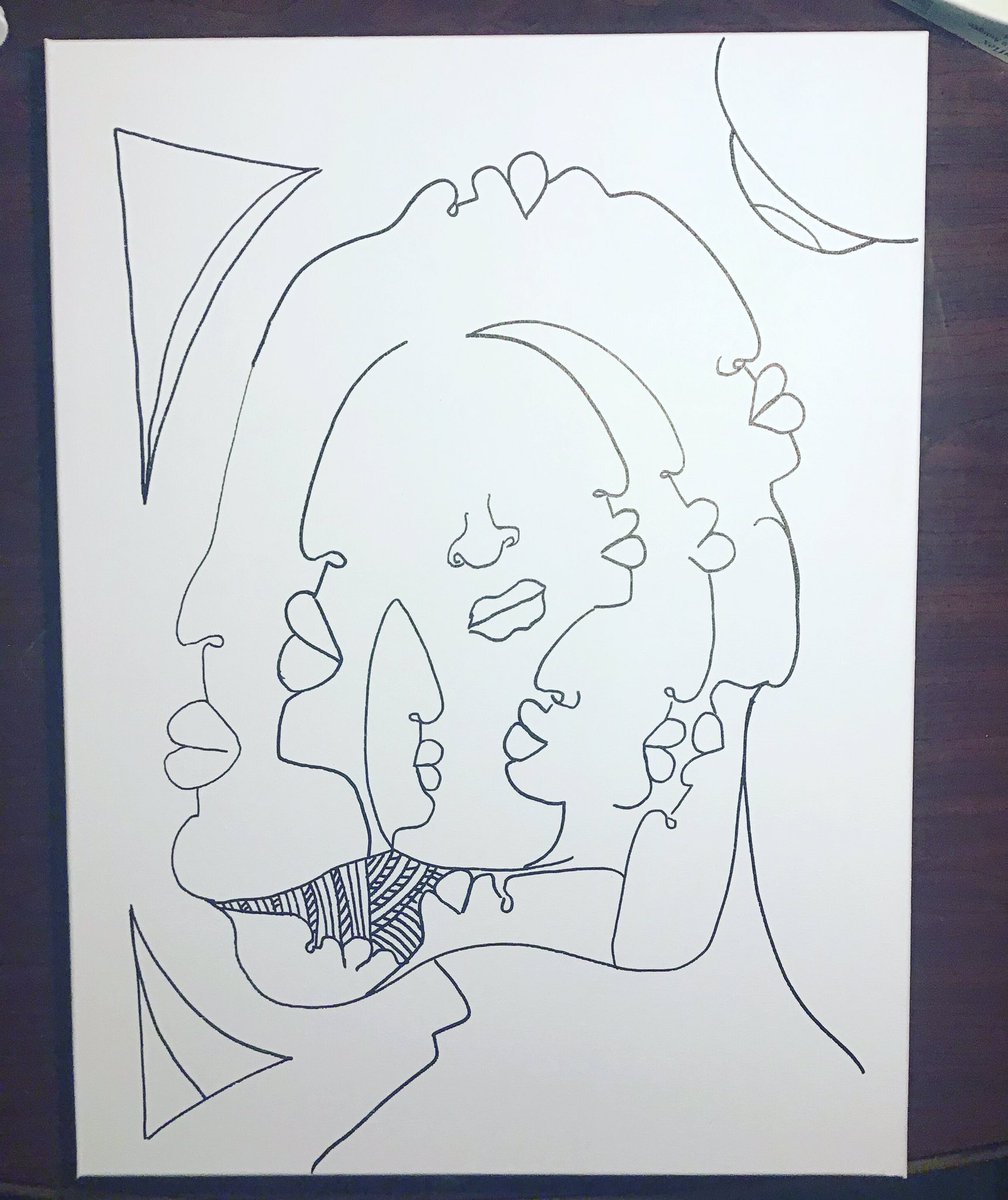 DArscorpius's tweet photo. Making some new art this morning.
18 x 24 canvas. This is the initial outline. Using Sharpies and fine liners for this. #differentart #tribalart #collageart #faces #biglips #artwithamessage #originalart #abstractart #blackfaces #peopleart #blackartist #blackmanart #markerart https://t.co/RFNNhPkiW7