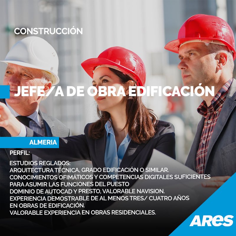 ConsultoriaARES's tweet photo. 📌OFERTA DE EMPLEO
📍Almería

🔹 Jefe/a de Obra Edificación Almería

https://t.co/Nn8kw4gmYQ

#aresconsultores #construccion #arquitectura #edificacion #cv #empleo #infoempleo #infojobs #almeria #milanuncios #ofertaempleo #rrhh #trabajo #vacante #work https://t.co/JifP0kVLD8
