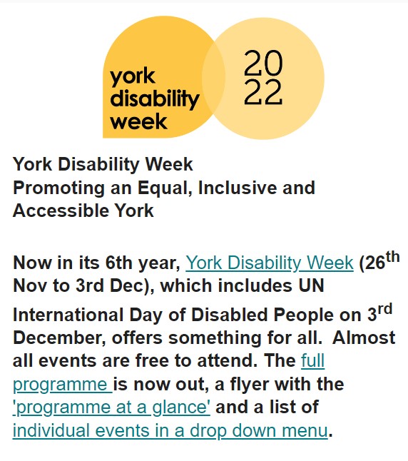 OcayYork's tweet photo. York Disability Week
Promoting an Equal, Inclusive and Accessible York
If anyone wants to find out more, or get a copy of the printed programme, email to: disability@yorkhumanrights.org; check the website at https://t.co/kLiyanCxfK; or phone 01904 702060.
#YorkDisabilityWeek https://t.co/vJSavh7cdg