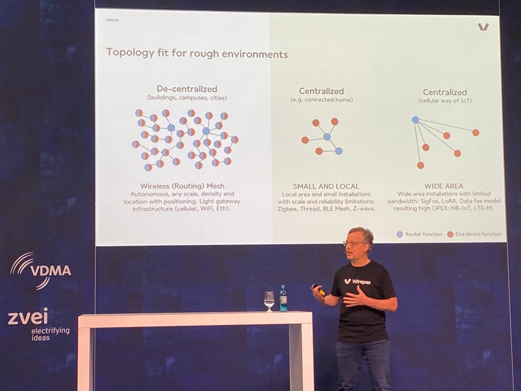 VDMAonline's tweet photo. “Decentralized autonomous mesh wireless networks for condition monitoring reduce the onsite maintenance effort to a very minimum”, so Thomas Weisshaupt, @Wirepas Deutschland GmbH als Sprecher 🎤 auf der @spsmesse #VDMA #AGWCM #mesh #Funk #wireless #ConditionMonitoring #sps_live https://t.co/fBatzl1wkf
