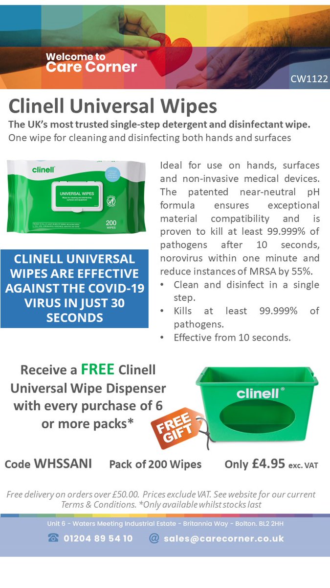 CareCorner's tweet photo. Clinell Universal Wipes Only £4.95 - plus FREE Dispenser* - https://t.co/bzYbaP9hcd https://t.co/tVxug70oRf