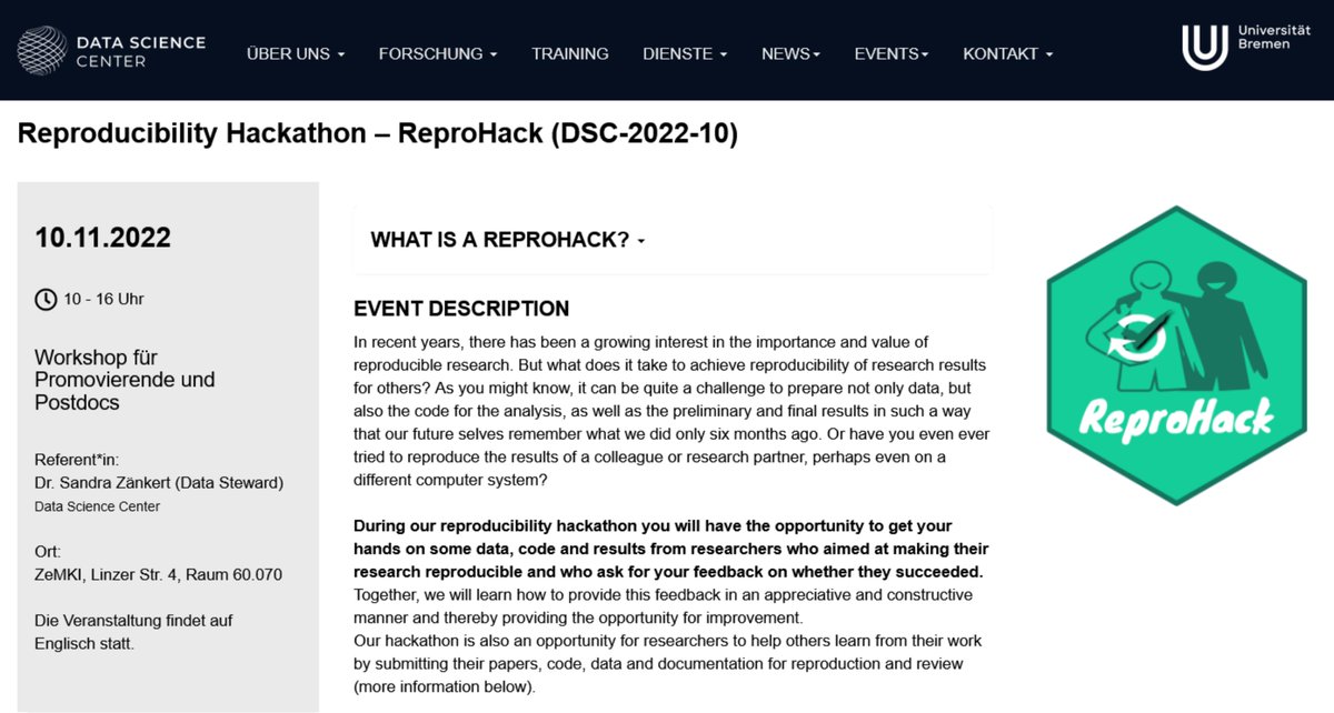 Data Science Center (@dsc_bremen@wisskomm.social) (@dsc_unibremen) on Twitter photo To #PhD students and #Postdocs @UniBremen / <a href="/UBRA_HB/">U Bremen Research Alliance</a> 📢
Are you interested in #reproducible research and #openscience?
A few spots have opened up in our #ReproHack on Thursday 10am - 4pm!
We will work hands-on using actual code and data 🤓
Sign up➡️dsc-ub.de/en/event_detai… To #PhD students and #Postdocs @UniBremen / <a href="/UBRA_HB/">U Bremen Research Alliance</a> 📢
Are you interested in #reproducible research and #openscience?
A few spots have opened up in our #ReproHack on Thursday 10am - 4pm!
We will work hands-on using actual code and data 🤓
Sign up➡️dsc-ub.de/en/event_detai…