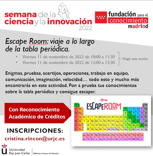 BURJC's tweet photo. ¿Te atreves con el Escape Room que han organizado en la biblio de Móstoles este viernes? Enigmas, pruebas, trabajo en equipo...¿cuánto sabes de la tabla periódica? ¿lograrás escapar? 😱 Inscríbete mandado mail a cristina.rincon@urjc.es 👇🏼 https://t.co/pmRfs4S5NV