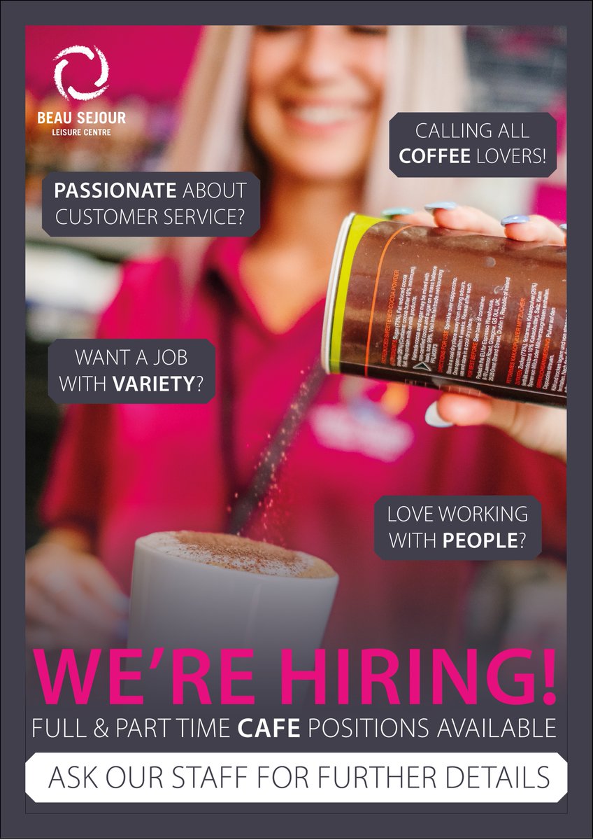 Beau Sejour Leisure Centre (@beausejourgsy) on Twitter photo We're hiring!
Want a job with variety? Love good coffee & passionate about customer service?
Join our team of staff, and fulfil a full or part time position, here <a href="/BeauSejourGSY/">Beau Sejour Leisure Centre</a> in the cafe!
Enquire within :) We're hiring!
Want a job with variety? Love good coffee & passionate about customer service?
Join our team of staff, and fulfil a full or part time position, here <a href="/BeauSejourGSY/">Beau Sejour Leisure Centre</a> in the cafe!
Enquire within :)