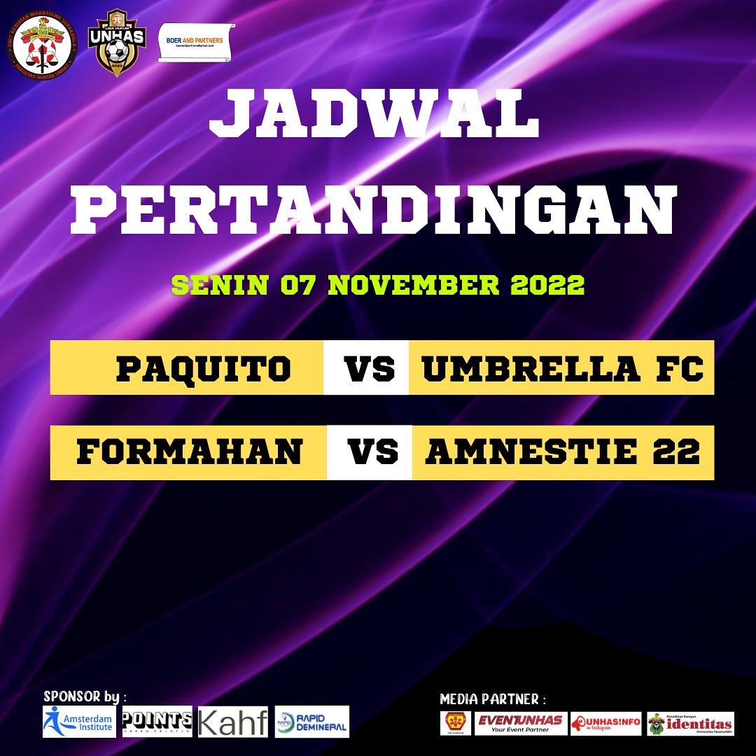[ JADWAL PERTANDINGAN LIGA HUKUM DAY 1]

Ayo dukung dan support tim kesayangan kalian untuk berlaga di liga hukum 2022.

#VivaTheYellowSubmarine