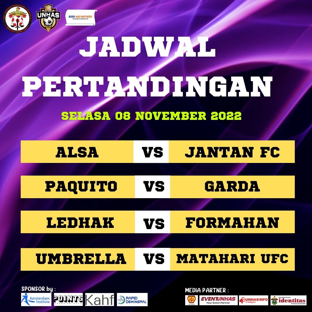 [ JADWAL PERTANDINGAN LIGA HUKUM DAY 2]

Ayo dukung dan support tim kesayangan kalian untuk berlaga di liga hukum 2022.

#VivaTheYellowSubmarine
