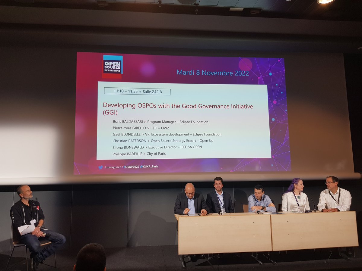 #OSXP22 1ère Conférence du track "Gouvernance et #OSPO" sur le sujet
"Developing OSPOs with the Good Governance Initiative (GGI)" 
ospo.zone/ggi/
Il est encore temps de rejoindre le salon aujdhui 8 et demain 9/11/22 !
opensource-experience.com
<a href="/OSXP_Paris/">Open Source Experience</a>