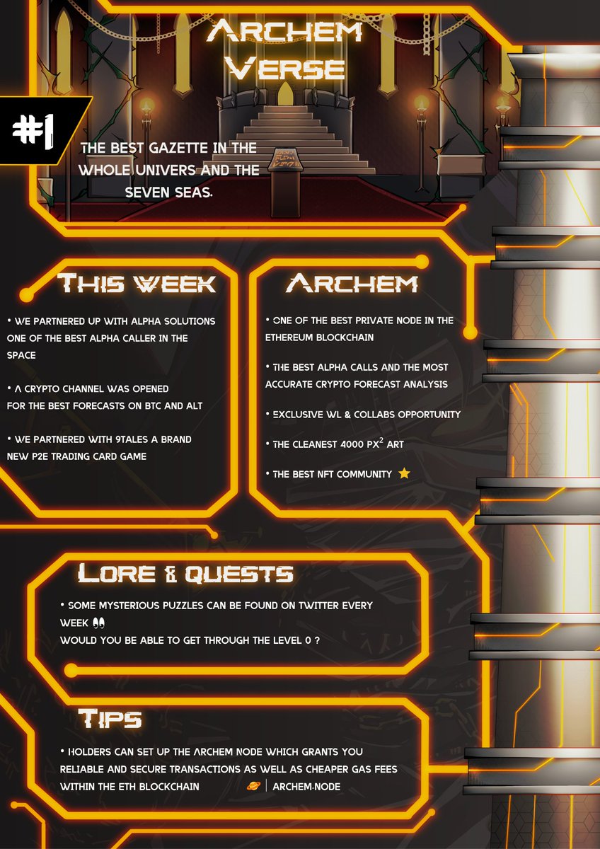 The BEST gazette in the 𝘄𝗵𝗼𝗹𝗲 𝘂𝗻𝗶𝘃𝗲𝗿𝘀 🪐and the 𝘀𝗲𝘃𝗲𝗻 𝘀𝗲𝗮𝘀🌊 #1 is out!

│Get our latest news on a 𝘄𝗲𝗲𝗸𝗹𝘆 𝗯𝗮𝘀𝗶𝘀.

Did you find the hidden pepe🐸 in it? 👁️
#Archem #NFTs